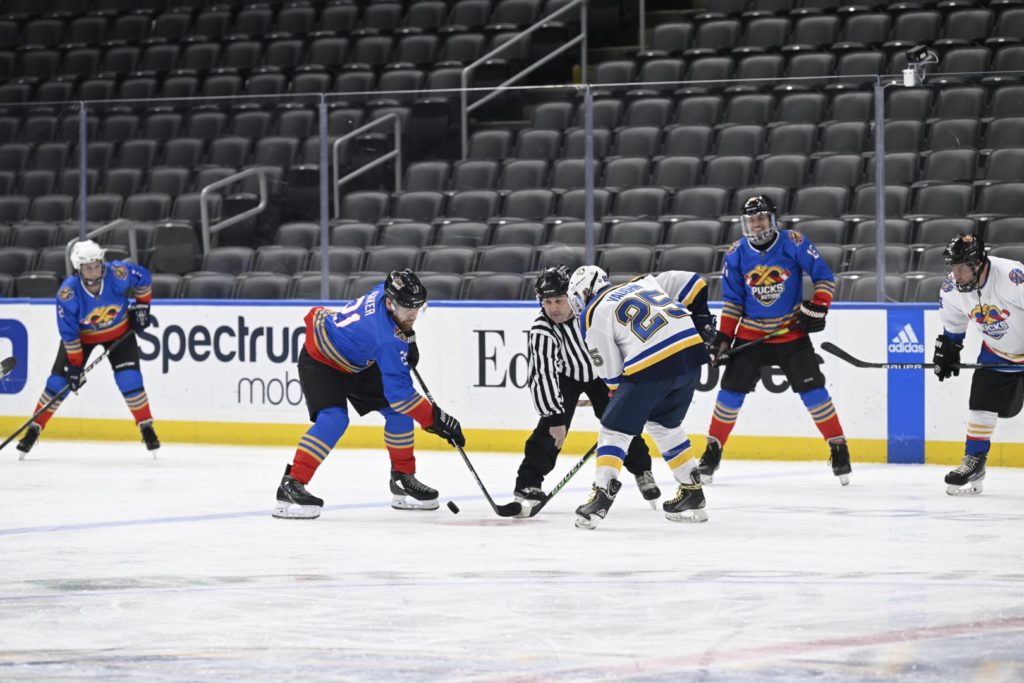 Pucks for Autism hockey game on February 18, 2023 at Enterprise Center in St. Louis, Missouri. (Photo by Scott Rovak/St. Louis Blues)